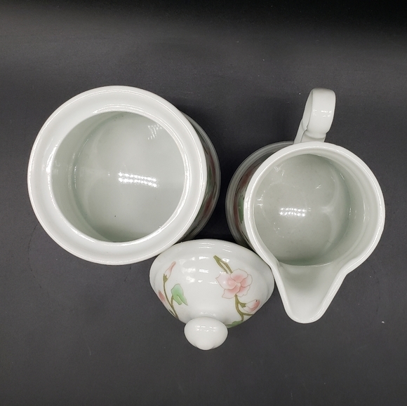 Korean Hand Painted Pink Green Floral Porcelain Cream & Lidded Sugar Set - Picture 6 of 9
